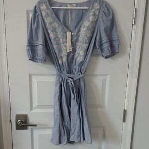 Lovestitch Sky Blue Mini Dress with White Embroidery